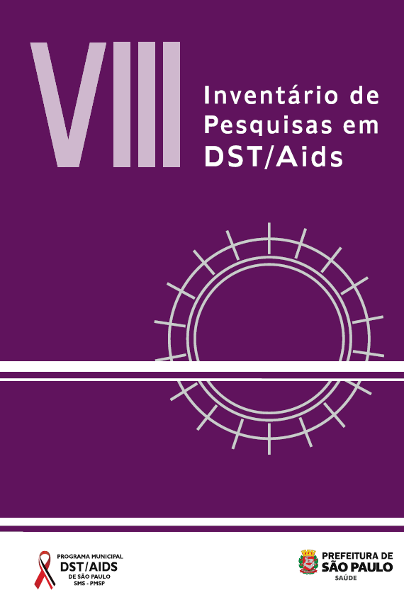 Capa do VIII Inventário de Pesquisas em DST/AIDS, com fundo roxo e uma forma circular branca ao centro à direita, cruzada ao centro por uma reta também branca. No rodapé há uma barra branca com os logos do PM DST/Aids à esquerda e o logo da Secretaria Municipal da Saúde à direita